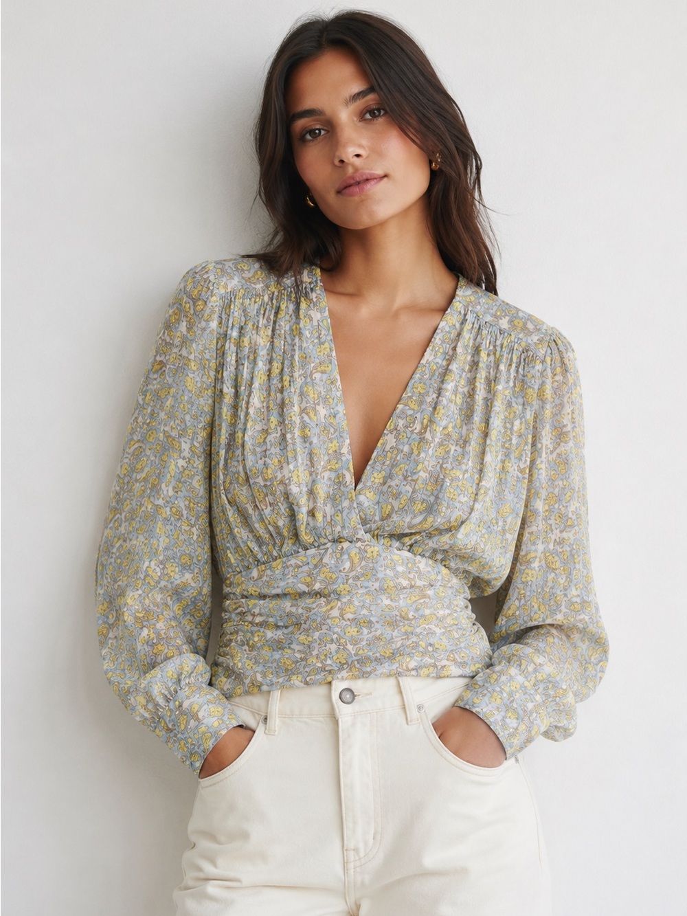 ZARA XS Boho Blue & Yellow Floral Blouse